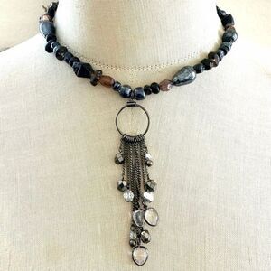 Dark Gothic Beaded Necklace w / Chain Fringe & Clear Teardrop Charms